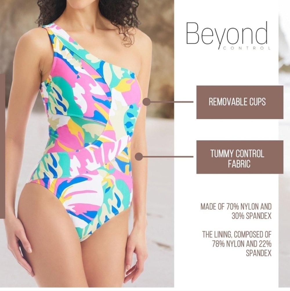 NWT Beyond Control Colorful One Shoulder One Piece Swimsuit Size 14 - Picture 3 of 10